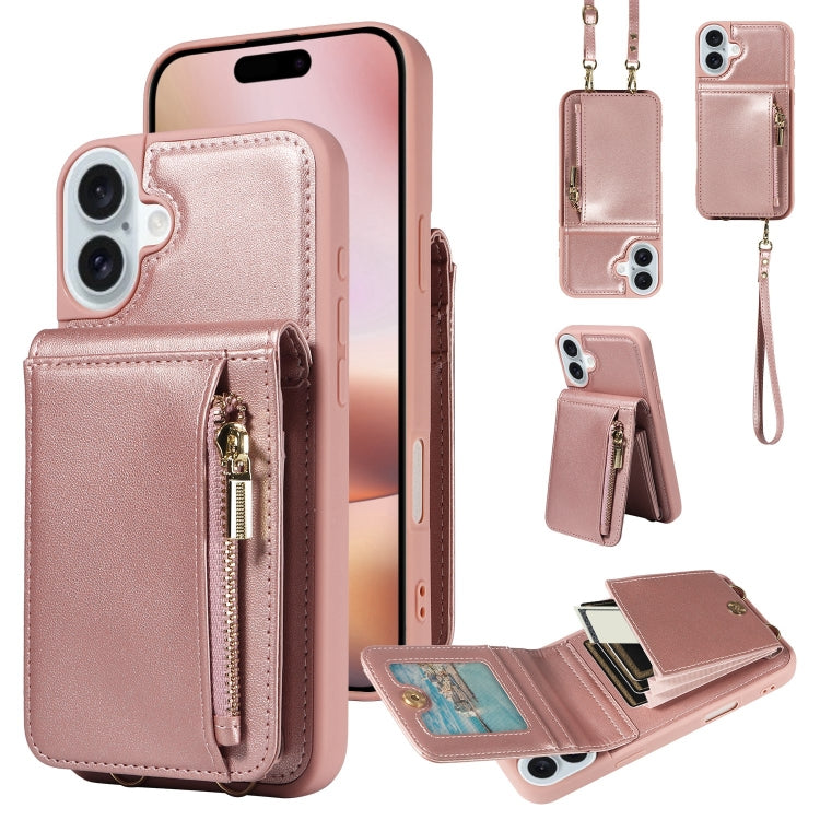 For iPhone 16 Plus Crossbody Lanyard Zipper Wallet Leather Phone Case(Rose Gold) - iPhone 16 Plus Cases by PMC Jewellery | Online Shopping South Africa | PMC Jewellery | Buy Now Pay Later Mobicred