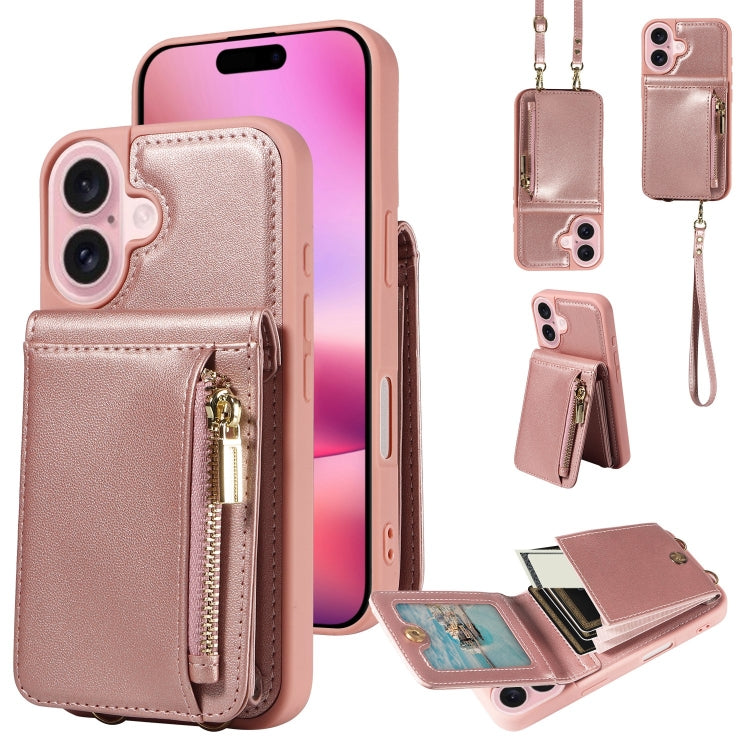 For iPhone 16 Crossbody Lanyard Zipper Wallet Leather Phone Case(Rose Gold) - iPhone 16 Cases by PMC Jewellery | Online Shopping South Africa | PMC Jewellery | Buy Now Pay Later Mobicred