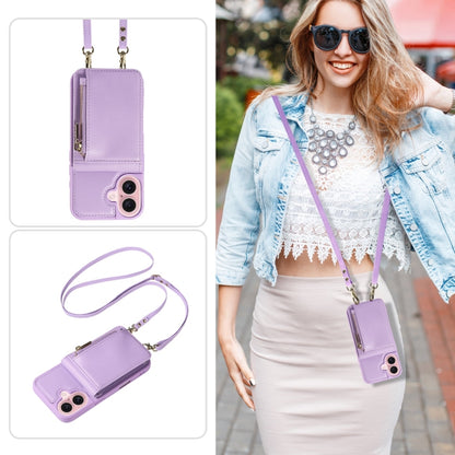 For iPhone 16 Crossbody Lanyard Zipper Wallet Leather Phone Case(Purple) - iPhone 16 Cases by PMC Jewellery | Online Shopping South Africa | PMC Jewellery | Buy Now Pay Later Mobicred