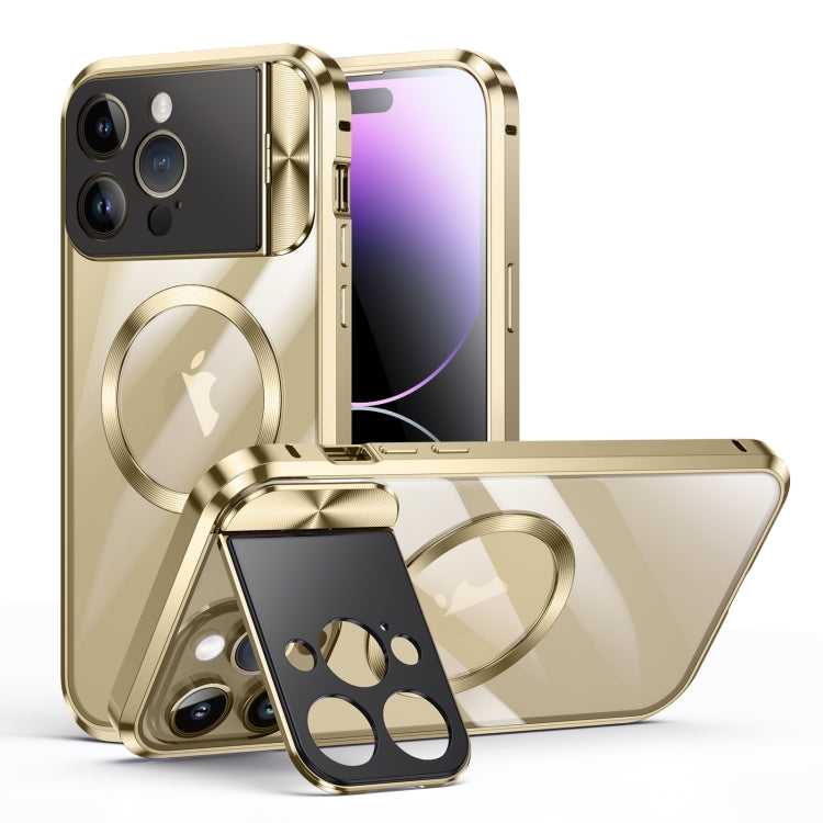 For iPhone 14 Pro Max Large Window Holder MagSafe Magnetic Metal Phone Case(Yellow) - iPhone 14 Pro Max Cases by PMC TechLife | Online Shopping South Africa | PMC TechLife