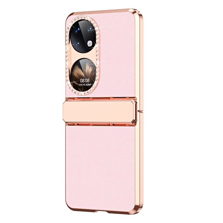 For Huawei P50 Pocket Plated Plain Leather Folding Phone Case with Hinge(Pink) - Huawei Cases by PMC TechLife | Online Shopping South Africa | PMC TechLife | Buy Now Pay Later Mobicred