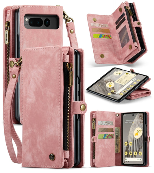 For Google Pixel Fold CaseMe 008 Detachable Multifunctional Retro Frosted Horizontal Flip Phone Leather Case with Zipper Wallet(Pink) - Google Cases by CaseMe | Online Shopping South Africa | PMC Jewellery | Buy Now Pay Later Mobicred