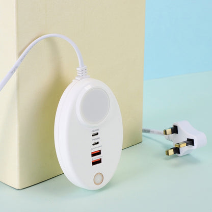 YF-106 USB- C / Type-Cx2+USBx2 Oval PD Socket Phone Charger with Light, Plug Type:UK Plug(White) - Multifunction Charger by PMC Jewellery | Online Shopping South Africa | PMC Jewellery | Buy Now Pay Later Mobicred