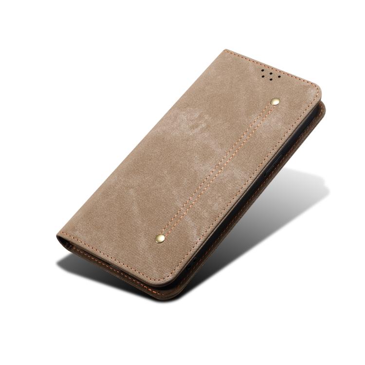 For iPhone 16e Denim Texture Casual Style Horizontal Flip Leather Case(Khaki) - iPhone 16e Cases by PMC TechLife | Online Shopping South Africa | PMC TechLife | Buy Now Pay Later Mobicred