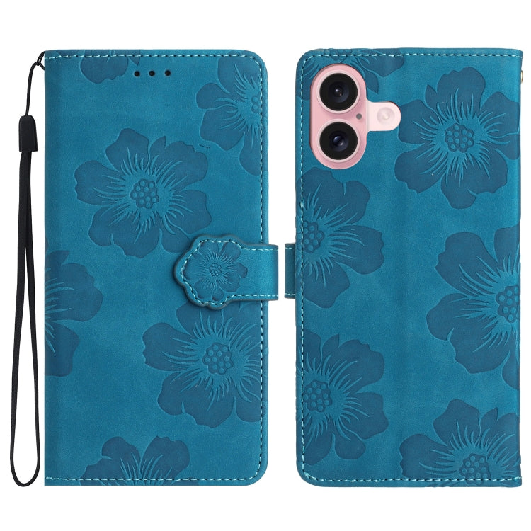 For iPhone 16 Plus Flower Embossing Pattern Leather Phone Case(Blue) - iPhone 16 Plus Cases by PMC Jewellery | Online Shopping South Africa | PMC Jewellery | Buy Now Pay Later Mobicred