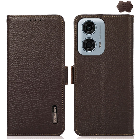 For Motorola Moto G24 KHAZNEH Side-Magnetic Litchi Genuine Leather RFID Phone Case(Brown) - Motorola Cases by PMC Jewellery | Online Shopping South Africa | PMC Jewellery | Buy Now Pay Later Mobicred