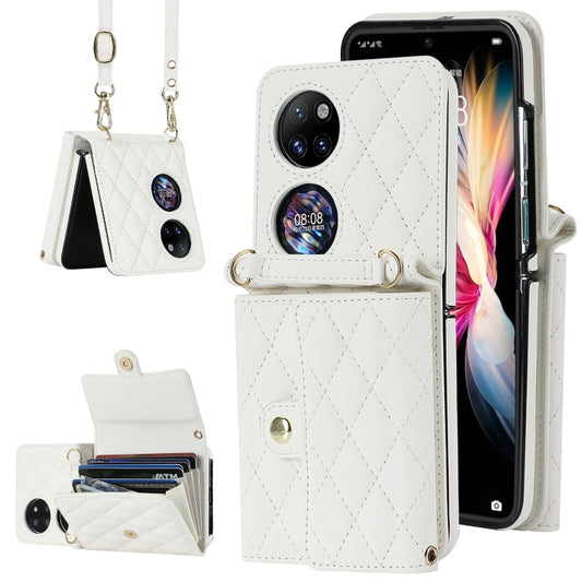 For Huawei P50 Pocket Rhombic Texture Card Bag PU Phone Case with Long Lanyard(White) - Huawei Cases by PMC Jewellery | Online Shopping South Africa | PMC Jewellery | Buy Now Pay Later Mobicred