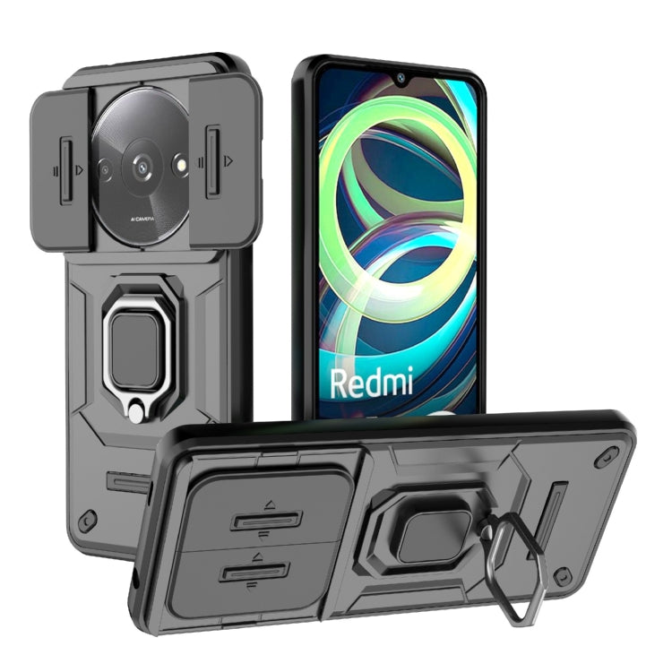 For Xiaomi Redmi A3 4G Global Sliding Camshield TPU + PC Shockproof Phone Case with Holder(Black) - Xiaomi Cases by PMC TechLife | Online Shopping South Africa | PMC TechLife