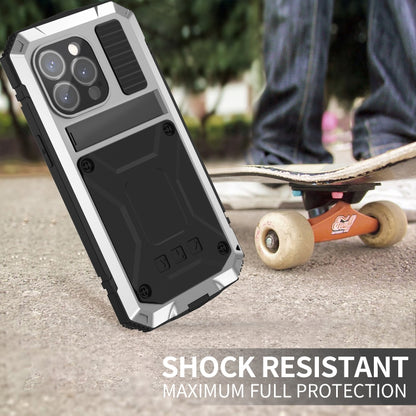 For iPhone 15 Pro Max R-JUST Shockproof Life Waterproof Dust-proof Metal + Silicone Phone Case with Holder(Silver) - iPhone 15 Pro Max Cases by R-JUST | Online Shopping South Africa | PMC Jewellery