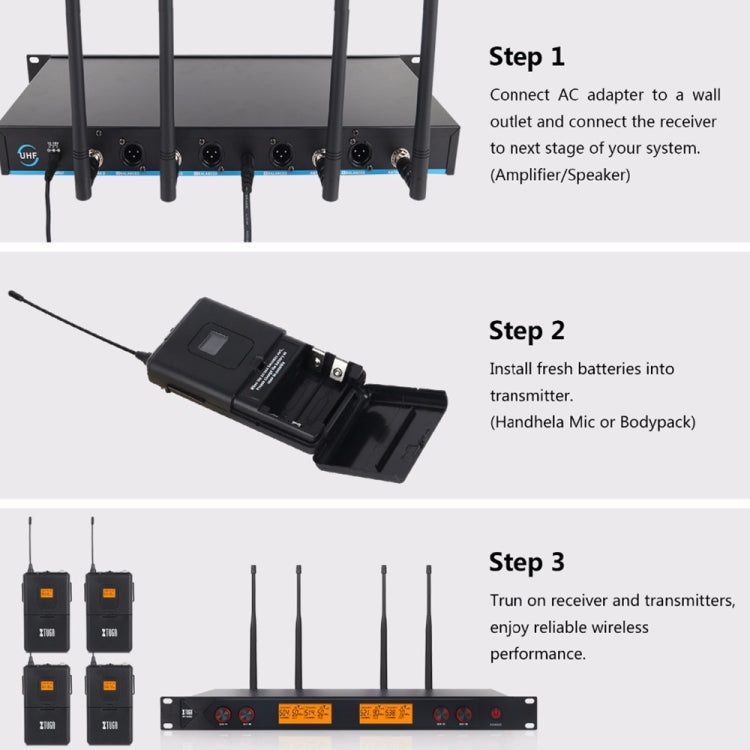 XTUGA A400-HB Professional 4-Channel UHF Wireless Microphone System with 2 Handheld & 2 Headset Microphone(UK Plug) - Microphone by XTUGA | Online Shopping South Africa | PMC TechLife | Buy Now Pay Later Mobicred