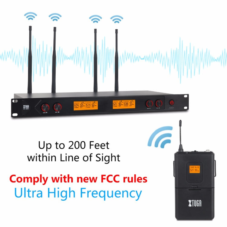 XTUGA A400-B Professional 4-Channel UHF Wireless Microphone System with 4 BodyPack Lavalier Headset Microphone(US Plug) - Microphone by XTUGA | Online Shopping South Africa | PMC Jewellery | Buy Now Pay Later Mobicred