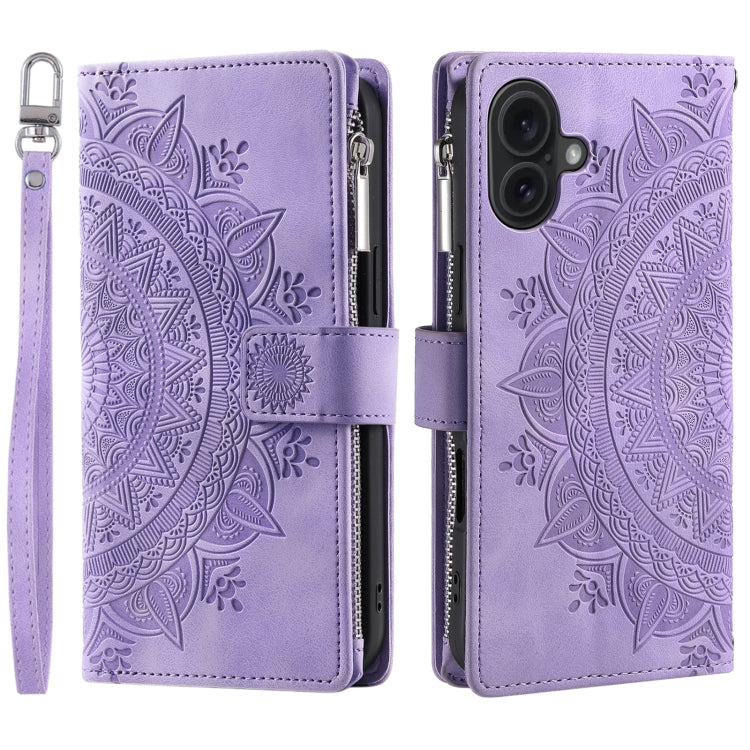 For iPhone 16 Plus Multi-Card Totem Zipper Leather Phone Case(Purple) - iPhone 16 Plus Cases by PMC Jewellery | Online Shopping South Africa | PMC Jewellery | Buy Now Pay Later Mobicred