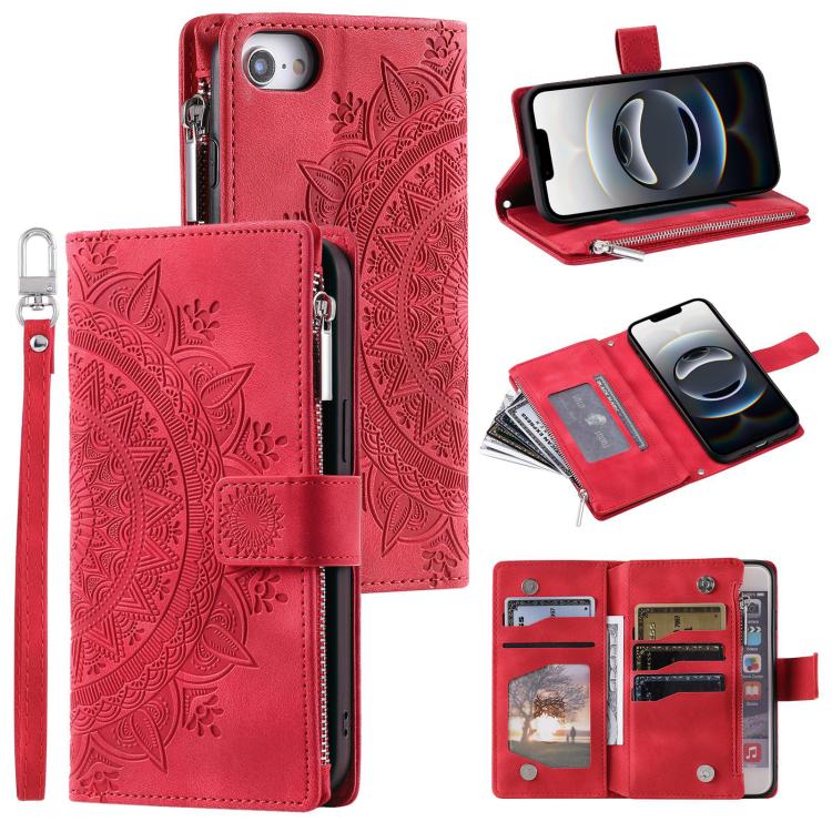 For iPhone 16e Multi-Card Totem Zipper Leather Phone Case(Red) - iPhone 16e Cases by PMC TechLife | Online Shopping South Africa | PMC TechLife | Buy Now Pay Later Mobicred