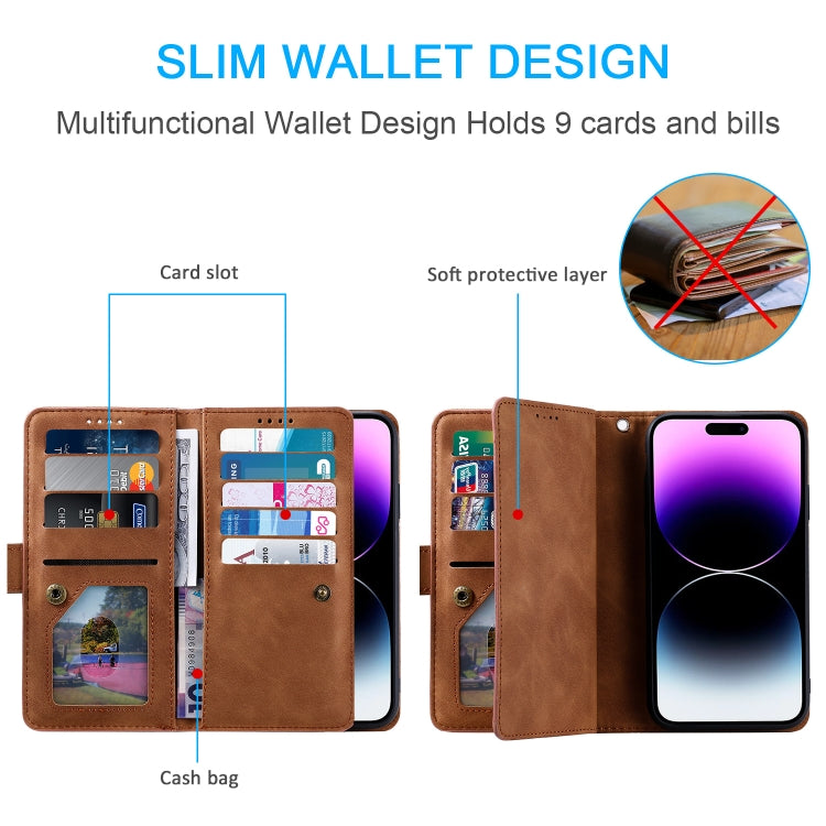 For iPhone 16 Pro Nine Card Zipper Bag Leather Phone Case with Lanyard(Brown) - iPhone 16 Pro Cases by PMC TechLife | Online Shopping South Africa | PMC TechLife | Buy Now Pay Later Mobicred
