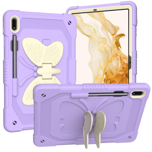 For Samsung Galaxy Tab S9 Butterfly Kickstand Heavy Duty Hard Rugged Tablet Case(Beige+Raro Purple) - Galaxy Tab S9 Cases by PMC Jewellery | Online Shopping South Africa | PMC Jewellery | Buy Now Pay Later Mobicred