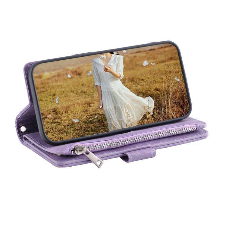 For iPhone 16e Grid Texture Zipper Leather Phone Case with Lanyard(Purple) - iPhone 16e Cases by PMC TechLife | Online Shopping South Africa | PMC TechLife | Buy Now Pay Later Mobicred