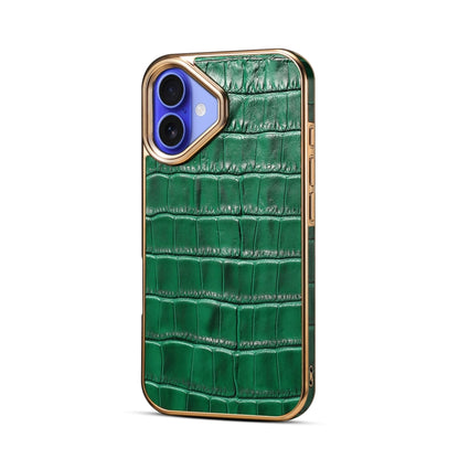 For iPhone 16 Plus Denior Crocodile Texture Genuine Leather Electroplating Phone Case(Green) - More iPhone Cases by Denior | Online Shopping South Africa | PMC Jewellery | Buy Now Pay Later Mobicred