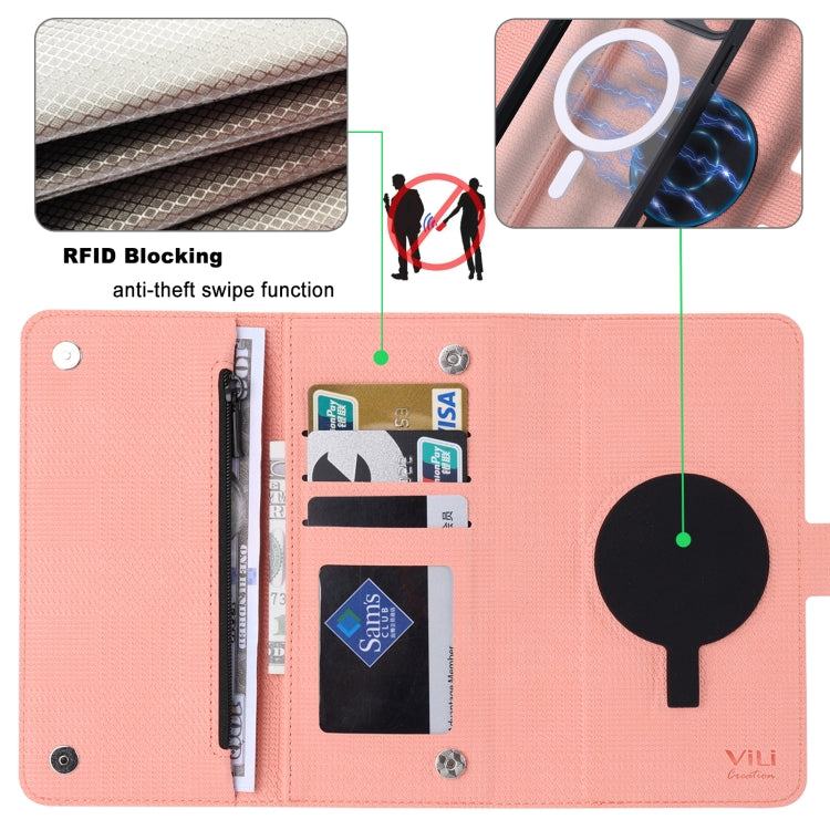 For iPhone 13 Pro Max ViLi GHB Series MagSafe Magnetic Zipper Leather Phone Case(Pink) - iPhone 13 Pro Max Cases by ViLi | Online Shopping South Africa | PMC Jewellery | Buy Now Pay Later Mobicred