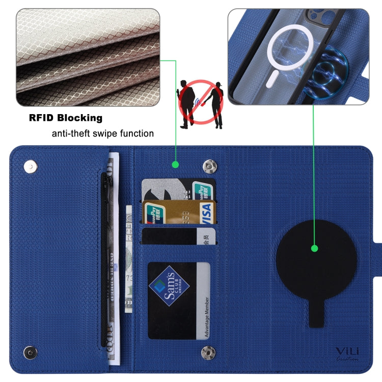 For iPhone 15 Pro ViLi GHB Series MagSafe Magnetic Zipper Leather Phone Case(Blue) - iPhone 15 Pro Cases by ViLi | Online Shopping South Africa | PMC Jewellery | Buy Now Pay Later Mobicred