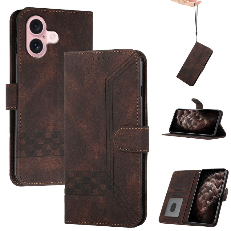 For iPhone 16 Cubic Skin Feel Flip Leather Phone Case(Brown) - iPhone 16 Cases by PMC Jewellery | Online Shopping South Africa | PMC Jewellery | Buy Now Pay Later Mobicred