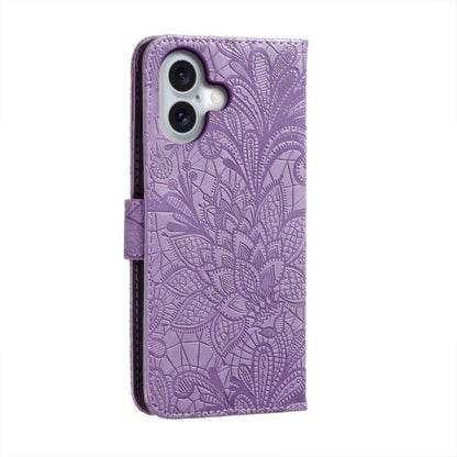 For iPhone 16 Lace Flower Embossing Flip Leather Phone Case(Purple) - iPhone 16 Cases by PMC Jewellery | Online Shopping South Africa | PMC Jewellery | Buy Now Pay Later Mobicred