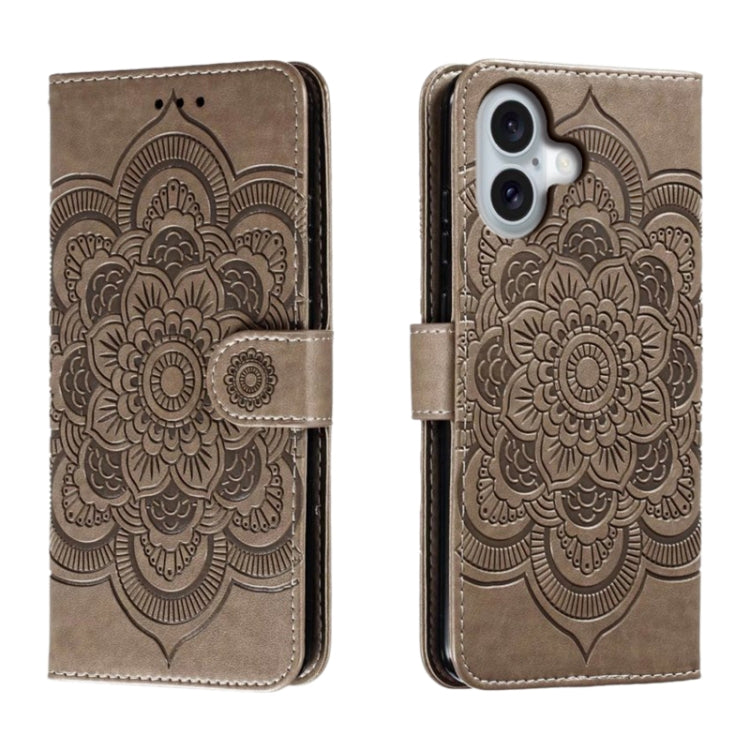 For iPhone 16 Mandala Embossing Pattern Horizontal Flip Leather Phone Case(Gray) - iPhone 16 Cases by PMC TechLife | Online Shopping South Africa | PMC TechLife | Buy Now Pay Later Mobicred
