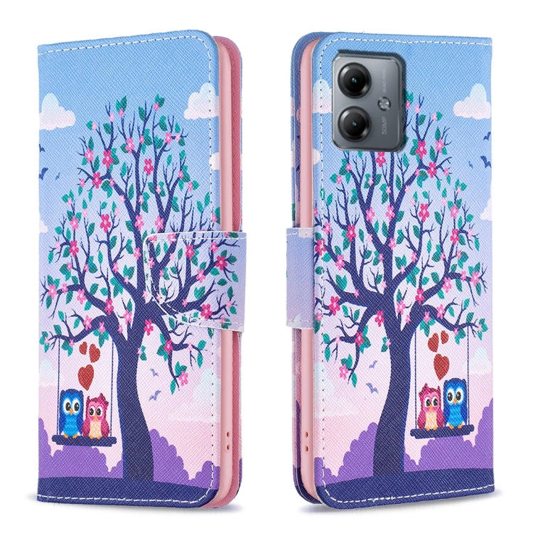 For Motorola Moto G14 4G Colored Drawing Pattern Leather Phone Case(Owl) - Motorola Cases by PMC TechLife | Online Shopping South Africa | PMC TechLife | Buy Now Pay Later Mobicred