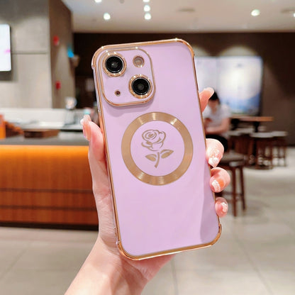 For iPhone 14 Plus Electroplate Side Roses Flower MagSafe Phone Case(Purple) - iPhone 14 Plus Cases by PMC Jewellery | Online Shopping South Africa | PMC Jewellery