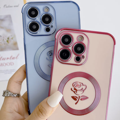 For iPhone 15 Pro Max Electroplate Side Roses Flower MagSafe Phone Case(Pink) - iPhone 15 Pro Max Cases by PMC Jewellery | Online Shopping South Africa | PMC Jewellery