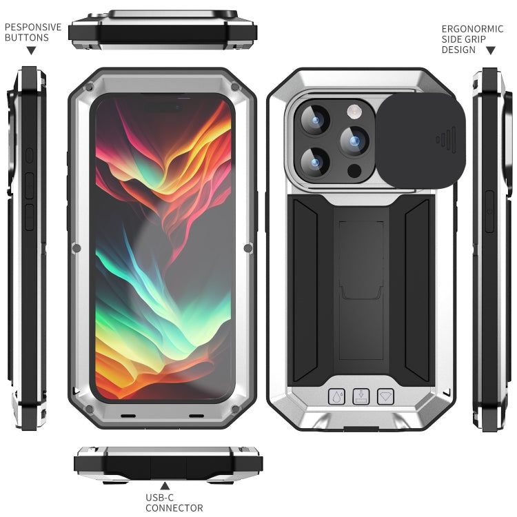 For iPhone 15 Pro R-JUST Sliding Camera IP54 Life Waterproof Holder Phone Case(Silver) - free shipping - PMC TechLife - Order now!