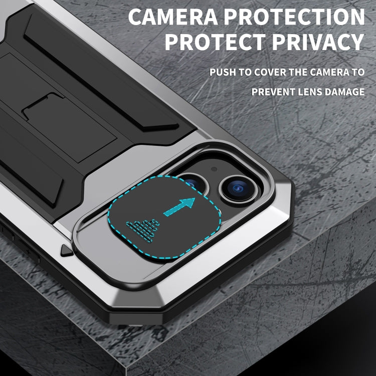 For iPhone 15 Plus R-JUST Sliding Camera IP54 Life Waterproof Holder Phone Case(Silver) - free shipping - PMC TechLife - Order now!