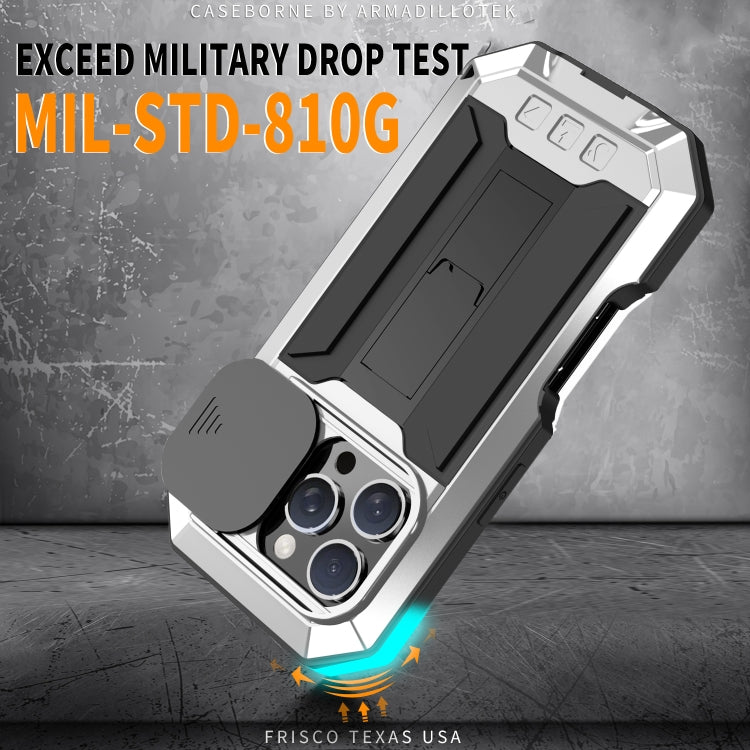 For iPhone 16 Pro Max R-JUST Sliding Camera IP54 Life Waterproof Holder Phone Case(Silver) - free shipping - PMC Jewellery - Order now!