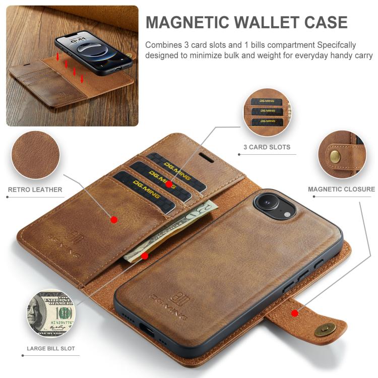 For iPhone 16e DG.MING Crazy Horse Texture Detachable Magnetic Leather Phone Case(Brown) - free shipping - PMc TechLife - Order now!