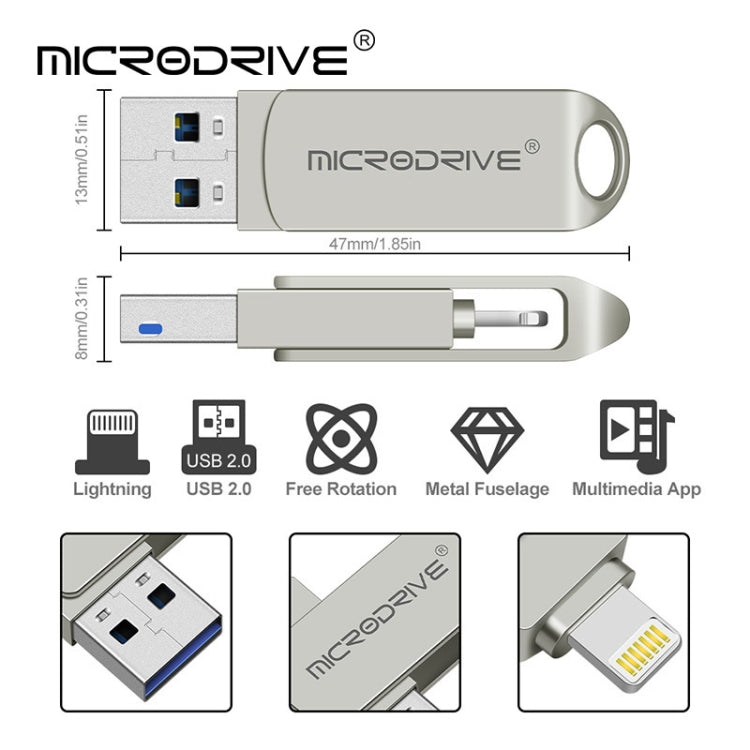 MicroDrive 2 In 1  8 Pin + USB 2.0 Portable Metal USB Flash Disk, Capacity:16GB(Silver) - USB Flash Drives by MICRODRIVE | Online Shopping South Africa | PMC Jewellery | Buy Now Pay Later Mobicred