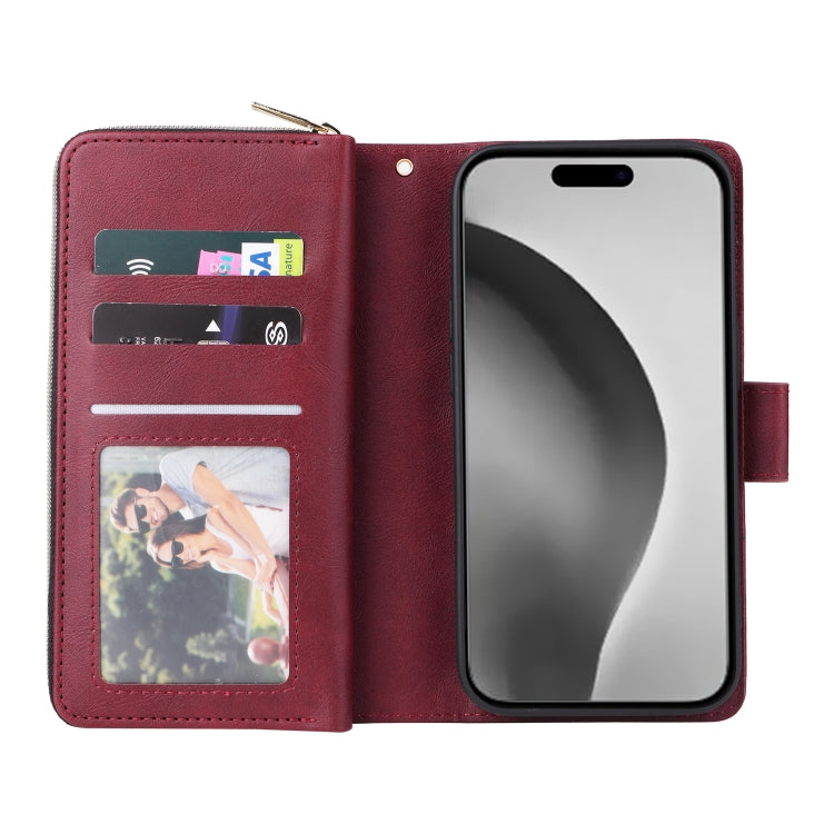 For iPhone 16 Pro Max 9 Card Slots Zipper Wallet Bag Leather Phone Case(Wine Red) - iPhone 16 Pro Max Cases by PMC Jewellery | Online Shopping South Africa | PMC Jewellery | Buy Now Pay Later Mobicred