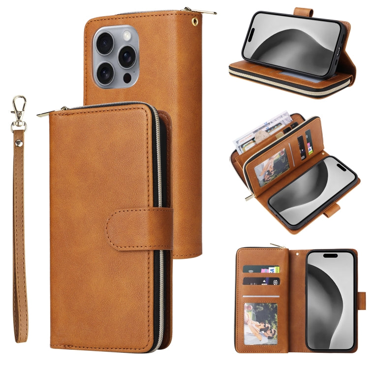 For iPhone 16 Pro Max 9 Card Slots Zipper Wallet Bag Leather Phone Case(Brown) - iPhone 16 Pro Max Cases by PMC Jewellery | Online Shopping South Africa | PMC Jewellery | Buy Now Pay Later Mobicred