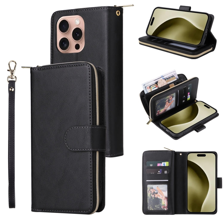 For iPhone 16 Pro 9 Card Slots Zipper Wallet Bag Leather Phone Case(Black) - iPhone 16 Pro Cases by PMC Jewellery | Online Shopping South Africa | PMC Jewellery | Buy Now Pay Later Mobicred