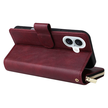 For iPhone 16 Plus 9 Card Slots Zipper Wallet Bag Leather Phone Case(Wine Red) - iPhone 16 Plus Cases by PMC Jewellery | Online Shopping South Africa | PMC Jewellery | Buy Now Pay Later Mobicred