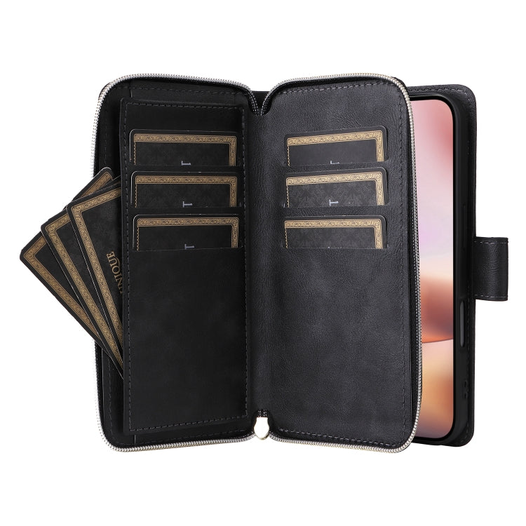 For iPhone 16 Plus 9 Card Slots Zipper Wallet Bag Leather Phone Case(Black) - iPhone 16 Plus Cases by PMC Jewellery | Online Shopping South Africa | PMC Jewellery | Buy Now Pay Later Mobicred