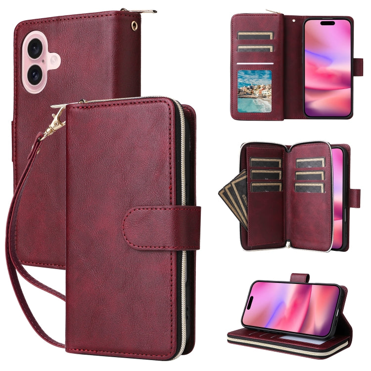 For iPhone 16 9 Card Slots Zipper Wallet Bag Leather Phone Case(Wine Red) - iPhone 16 Cases by PMC Jewellery | Online Shopping South Africa | PMC Jewellery | Buy Now Pay Later Mobicred