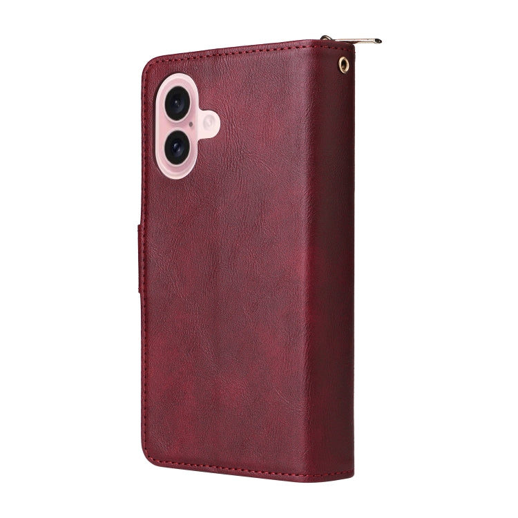 For iPhone 16 9 Card Slots Zipper Wallet Bag Leather Phone Case(Wine Red) - iPhone 16 Cases by PMC Jewellery | Online Shopping South Africa | PMC Jewellery | Buy Now Pay Later Mobicred