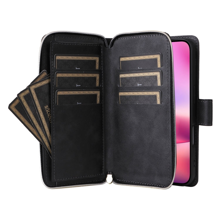 For iPhone 16 9 Card Slots Zipper Wallet Bag Leather Phone Case(Black) - iPhone 16 Cases by PMC Jewellery | Online Shopping South Africa | PMC Jewellery | Buy Now Pay Later Mobicred