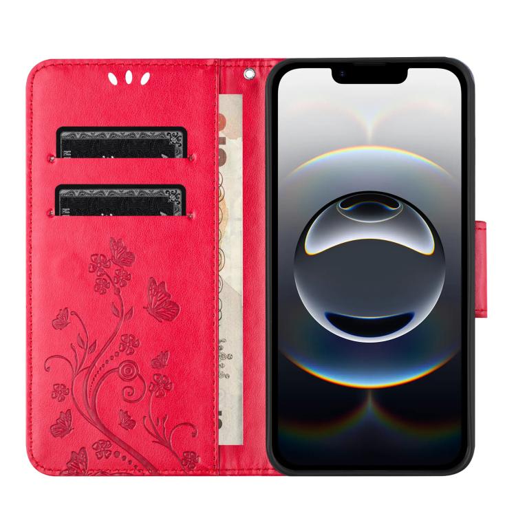 For iPhone 16e Butterfly Flower Pattern Flip Leather Phone Case(Red) - iPhone 16e Cases by PMC TechLife | Online Shopping South Africa | PMC TechLife | Buy Now Pay Later Mobicred