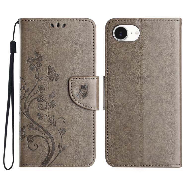 For iPhone 16e Butterfly Flower Pattern Flip Leather Phone Case(Grey) - iPhone 16e Cases by PMC TechLife | Online Shopping South Africa | PMC TechLife | Buy Now Pay Later Mobicred