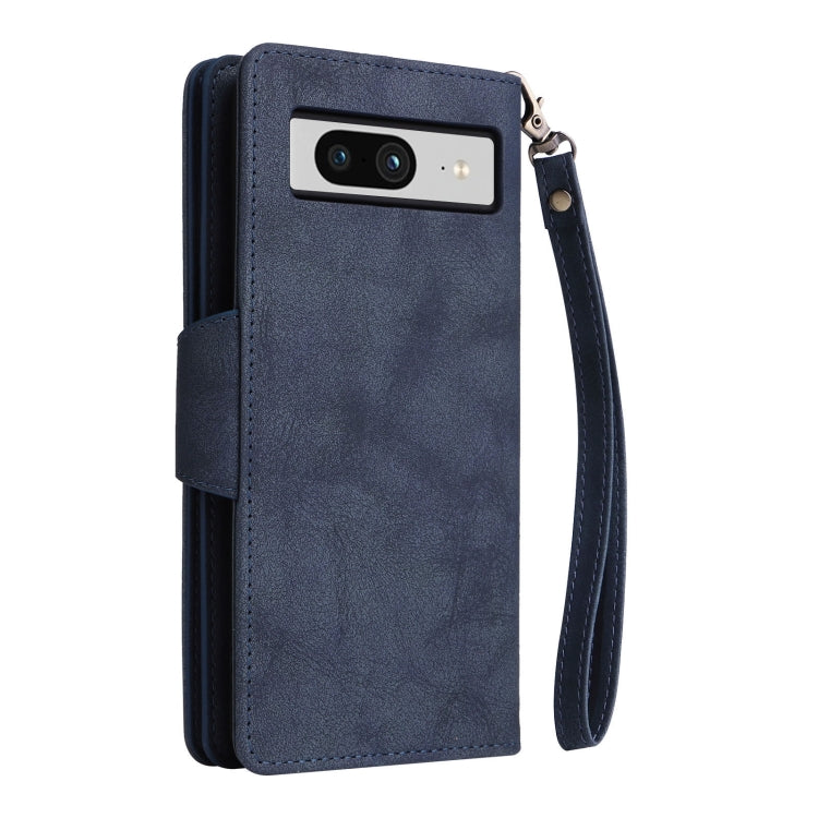 For Google Pixel 8 Rivet Buckle 9 Cards Three Fold Leather Phone Case(Blue) - Google Cases by PMC Jewellery | Online Shopping South Africa | PMC Jewellery | Buy Now Pay Later Mobicred