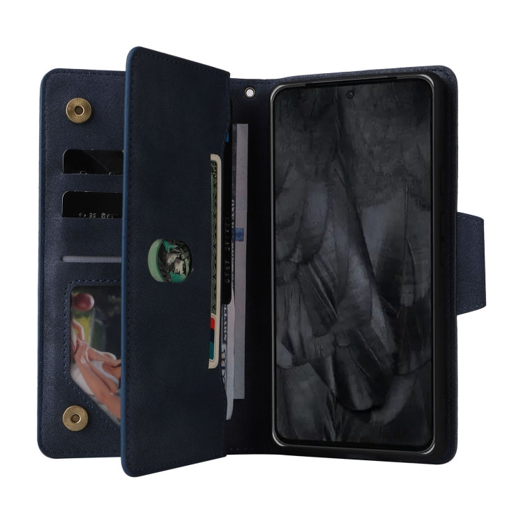 For Google Pixel 8 Pro Rivet Buckle 9 Cards Three Fold Leather Phone Case(Blue) - Google Cases by PMC Jewellery | Online Shopping South Africa | PMC Jewellery | Buy Now Pay Later Mobicred