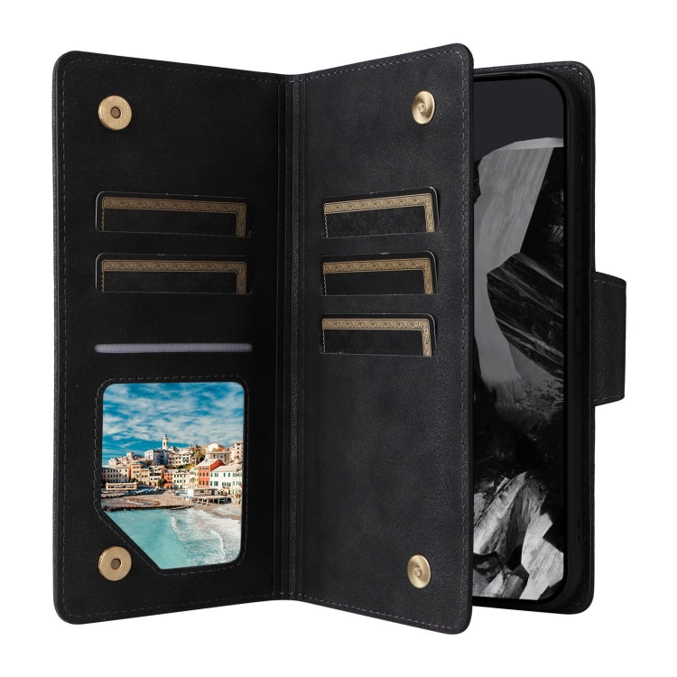 For Google Pixel 9 Pro Rivet Buckle 9 Cards Three Fold Leather Phone Case(Black) - Google Cases by PMC Jewellery | Online Shopping South Africa | PMC Jewellery | Buy Now Pay Later Mobicred