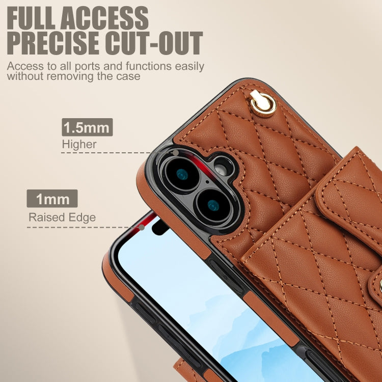 For iPhone 16 Crossbody Rhombic Horizontal Wallet Leather Phone Case(Brown) - iPhone 16 Cases by PMC Jewellery | Online Shopping South Africa | PMC Jewellery | Buy Now Pay Later Mobicred