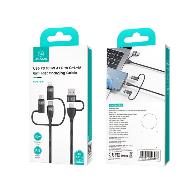 USAMS US-SJ646 U85 2m PD100W 6 in 1 Alloy Multifunctional Fast Charging Cable(Black) - Multifunction Cable by USAMS | Online Shopping South Africa | PMC Jewellery | Buy Now Pay Later Mobicred