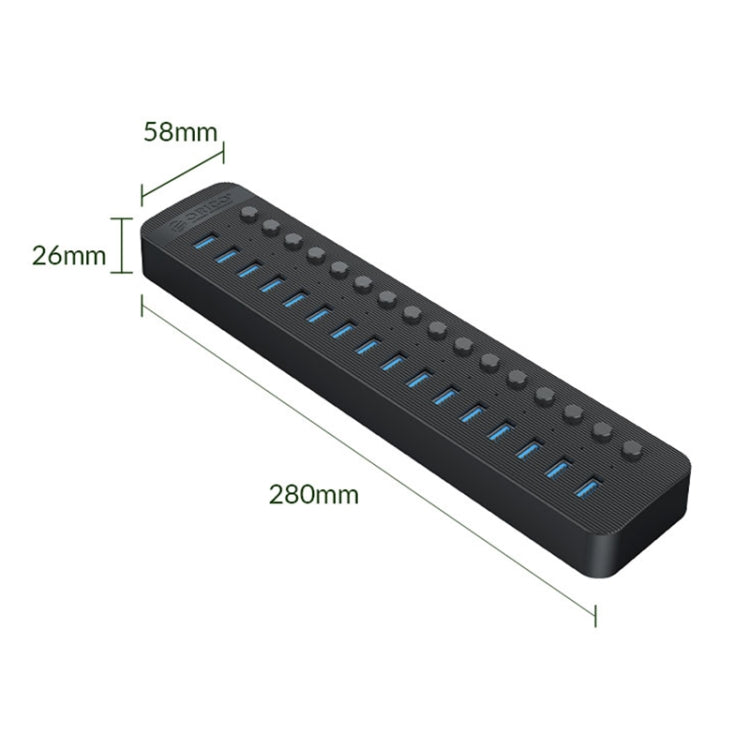 ORICO CT2U3-16AB Plastic Stripes 16 Ports USB 3.0 HUB with Individual Switches, Plug:EU Plug(Black) - USB 3.0 HUB by ORICO | Online Shopping South Africa | PMC Jewellery | Buy Now Pay Later Mobicred